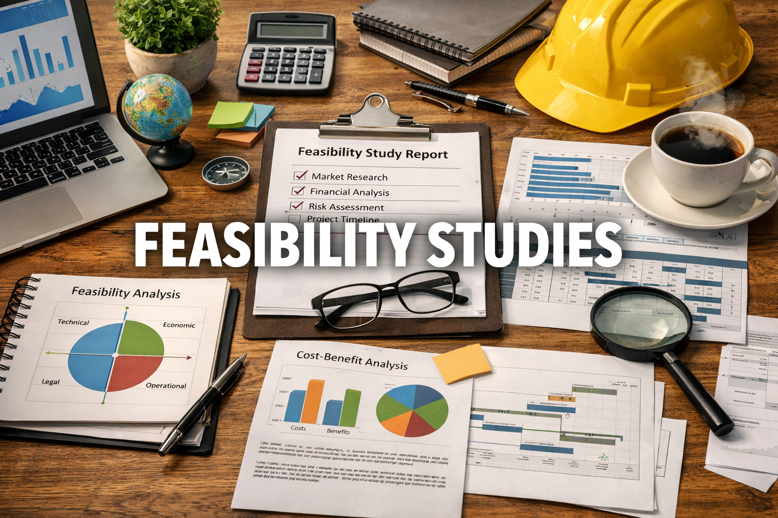 "Professional office workspace showing a feasibility study, featuring documents, charts, financial reports, and a laptop, along with office tools like a pen, glasses, magnifying glass, and hard hat, with a cup of coffee, reflecting planning, analysis, and investment decision-making."